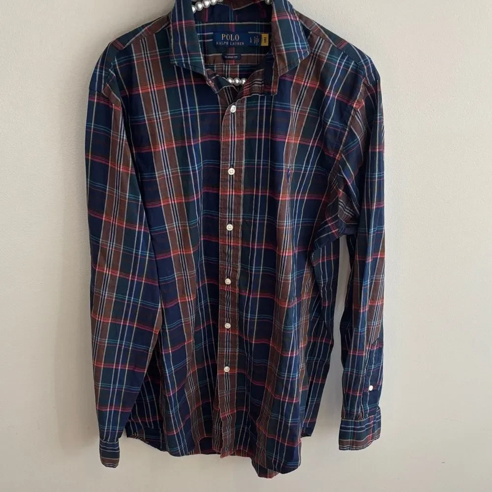 Polo by Ralph Lauren Men's Navy and Brown Check Shirt size large